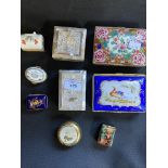 20th cent. Pill and trinket boxes, mother of pearl x 2, Limoges patch box x 2, Staffordshire