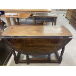 17th/18th cent. Oak drop leaf dining table on bobbin supports with single drawer. 41½ins. x 47ins. x