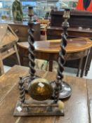 Late 19th early 20th cent. Pair of stained oak barley twist candlesticks and small brass 'Dinner'