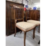 19th cent. Mahogany Regency revival satinwood and ebony inlaid hall chairs, spindle carved backs,