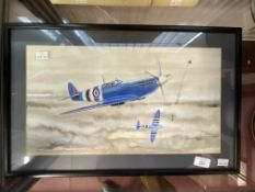 World War II, watercolour of two Spitfires pursuing a German Jet Fighter. Signed S. Page. 615/45.