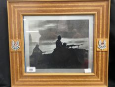 Militaria: Black and white photograph of three SAS soldiers in silhouette armed with a GMPG and