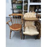 20th cent. Button back nursing chair, spindle back carver, and a rattan stool.