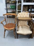 20th cent. Button back nursing chair, spindle back carver, and a rattan stool.