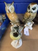 20th cent. Ceramics: Karl Enns birds, Grey Wagtail, Tawny Owl, and Long Eared Owl. (3)