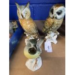 20th cent. Ceramics: Karl Enns birds, Grey Wagtail, Tawny Owl, and Long Eared Owl. (3)