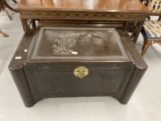 Post-war Chinese camphor wood chest decorated with bamboo. 40ins. x 21ins. 20ins.