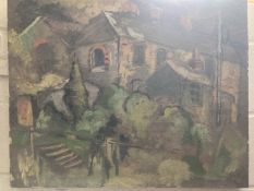 20th cent. Cornish School: Christopher Insoll oil on canvas, building and steps. 22ins. x 22ins.