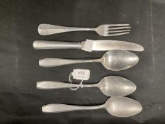 Third Reich: Three aluminium Kreigsmarine mess spoons, together with a Luftwaffe marked knife and