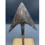 Unusual 19th cent. harpoon head, engraved H.S on a later oak base. 7ins.