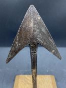Unusual 19th cent. harpoon head, engraved H.S on a later oak base. 7ins.