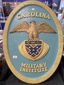 United States Carolina Military Institute glass fibre painted oval plaque.