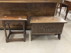 20th cent. Oak shoe box in the 17th century style. Plus a reproduction joint style stool. (2)