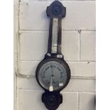 Early 20th cent. Oak banjo barometer with stylised flower decoration, metal face and separate