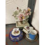 20th cent. Porcelain Limoges pin dish with lid, piano shaped pin dish, small plate, and coffee can