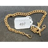 Hallmarked Jewellery: 9ct gold curb link watch Albert with T bar and swivel fastener. Weight 40g.