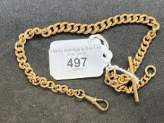 Hallmarked Jewellery: 9ct gold curb link watch Albert with T bar and swivel fastener. Weight 40g.