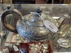 Hallmarked Silver: Rococco style squat teapot with treen handle and finial, worn London marks 1825/
