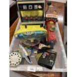 Toys: Modern Japanese toys tin plate bell ringer, World Airlines plane, Polistil Porsche 928, Waco