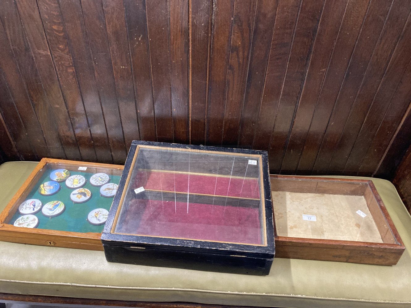 20th cent. Desk top mahogany glazed display case 14ins. x 112ins. x 3ins. Another black painted