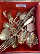 Hallmarked Silver: Flatware, various dates and marks, 9oz. plus 3 pronged fork and mother of pearl