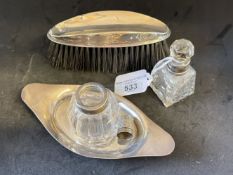 Hallmarked Silver: Thimble hallmarked Chester 1898, perfume bottle 1911, inkwell and stand London