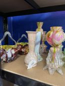 20th cent. glass: End of day (spatter) glass vases, pink/blue/red urn style vases a pair, green/pink