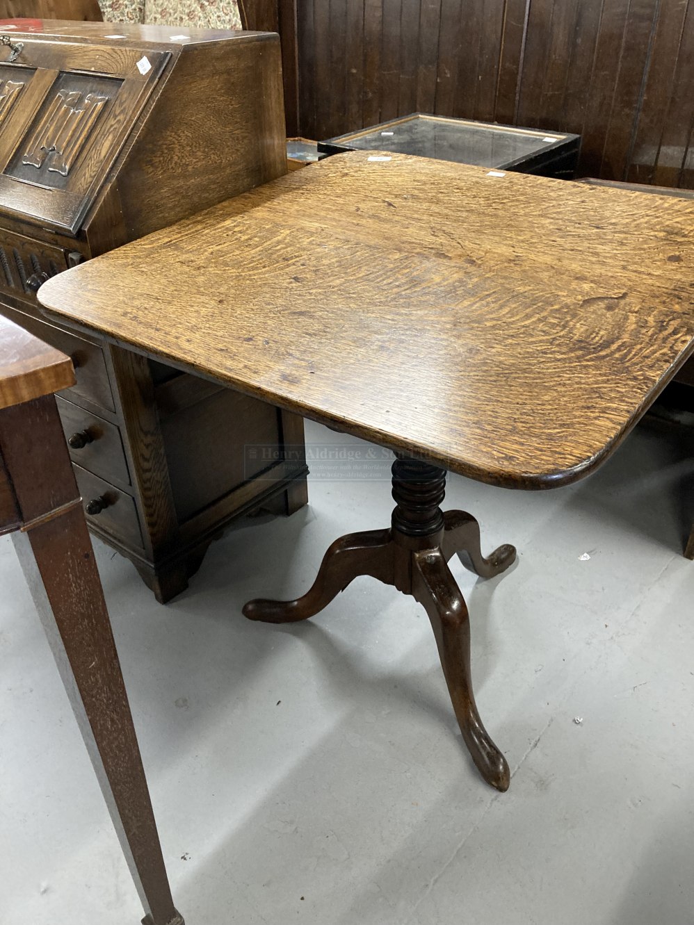 Late 18th/early 19th cent. Oak square tilt top table on tripod leg base. 28½ins. x 27½ins. - Image 2 of 3