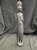 Tribal Art: Treen carved figure of a Masai Warrior with spear and gourd. 24ins.