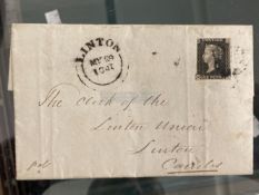 Stamps & Social History: GB SG1 Penny Black on complete letter. Believed to be Plate 2 M A.