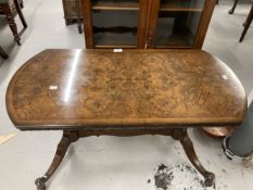 20th cent. Burr walnut rectangular coffee table, 35ins. x 17½ins. Plus a small mahogany side table