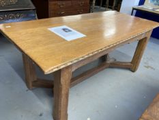 20th cent. Arts style oak refectory table square block and peg construction and hay fork stretchers,