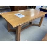 20th cent. Arts style oak refectory table square block and peg construction and hay fork stretchers,