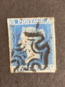 Stamps: 2d blue, SG3, 1841, Plate 3, LF, used, Cancelled by Black Maltese Cross four good margins.