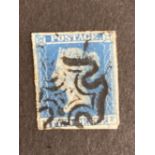 Stamps: 2d blue, SG3, 1841, Plate 3, LF, used, Cancelled by Black Maltese Cross four good margins.