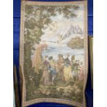 20th cent. Needlepoint wall hanging tapestry depicting a scene of people departing by boat, entitled