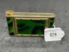 Gold plated and simulated malachite powder compact and manicure set in the form of a camera.