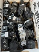 Cameras: Collection of five analogue SLR models including Olympus OM 1, Centon K100 with 50mm lens x