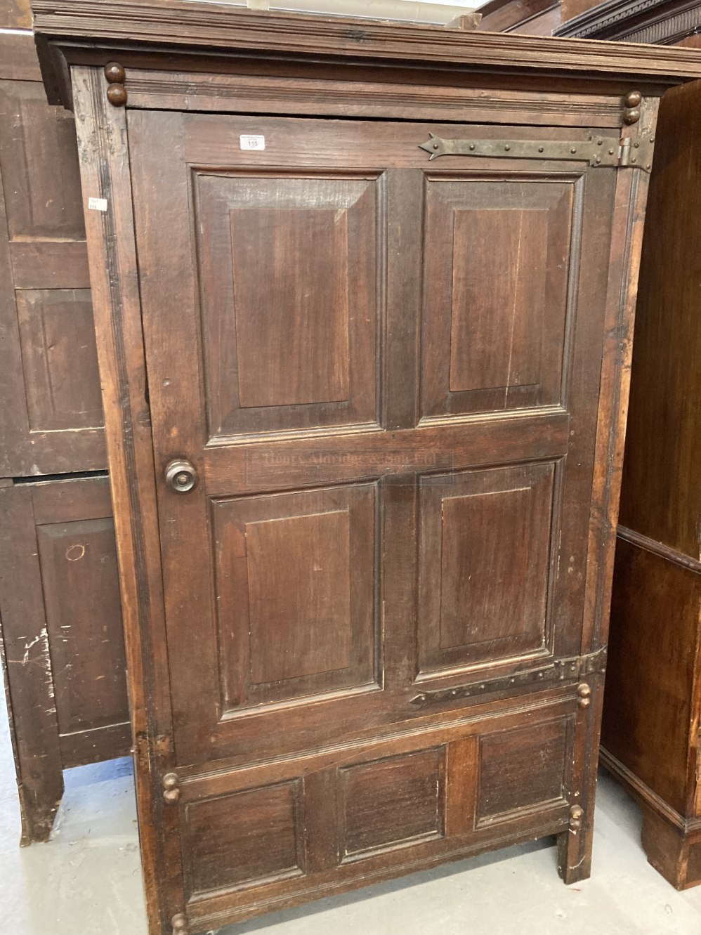 18th cent. Oak panelled kitchen cupboard with later additions. 41ins. x 72ins. x 21ins.