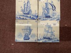 19th cent. Delft style blue and white ceramic tiles of sailing ships. (4)