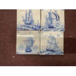 19th cent. Delft style blue and white ceramic tiles of sailing ships. (4)