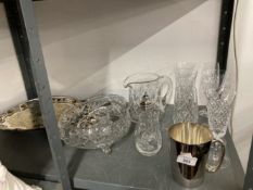 Glassware and plate salver, sugar nips, condiments, tankards, water jug, wine glasses and flutes,