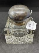 Inkwells: Hallmarked silver topped desk inkwell with cut glass base Nathan & Hayes Birmingham.