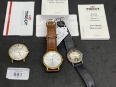 Watches: One Tissot strap watch gold plated, one lady's Omega stainless steel, one Longines gold