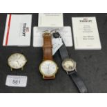 Watches: One Tissot strap watch gold plated, one lady's Omega stainless steel, one Longines gold