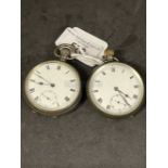 Watches: Two silver open faced pocket watches white dials, black Roman numerals, one hallmarked