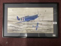 World War II, watercolour of two Spitfires pursuing a German Jet Fighter. Signed S. Page. 615/45.