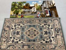 Textiles: 20th cent. Decorative wall hangings x 2, contemporary rugs, plus parasols, Balinese