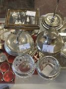Hallmarked Silver: small picture frame, inkwell, ring stand, hat pin stand. (4).