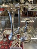 Hallmarked Silver: Trumpet vase, marks for J Dixon of Sheffield, a pair. Height 8ins. Plus dwarf